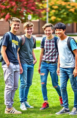 A vibrant and lively scene featuring four high school-aged boys hanging out together with their younger high school-aged sister