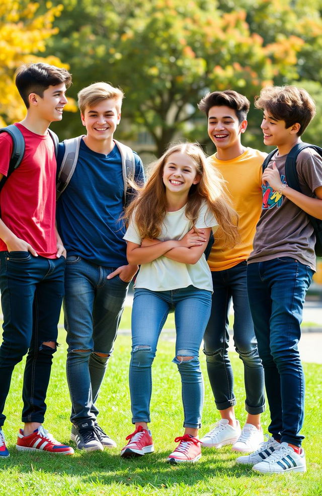 A vibrant and lively scene featuring four high school-aged boys hanging out together with their younger high school-aged sister