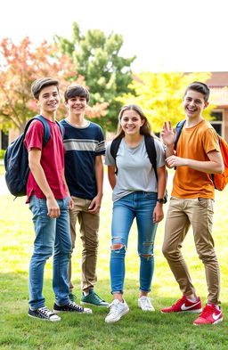 A vibrant and lively scene featuring four high school-aged boys hanging out together with their younger high school-aged sister