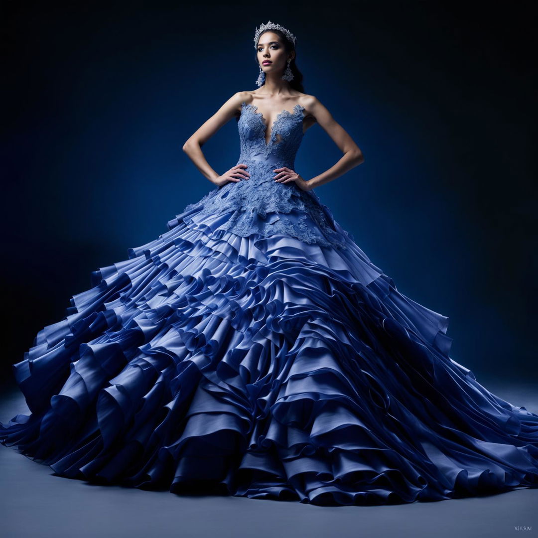 Female model in an extravagant cobalt blue Quinceañera ball gown with a large full skirt and fitted bodice decorated with appliqués and lace. Distant shot with immaculate composition and lighting for an editorial magazine photoshoot.