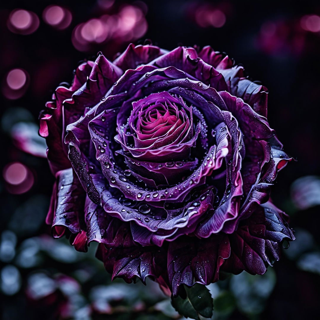 A detailed photograph of a purple rose with dew drops on its petals, set against a blurred background with dramatic lighting and immaculate composition.