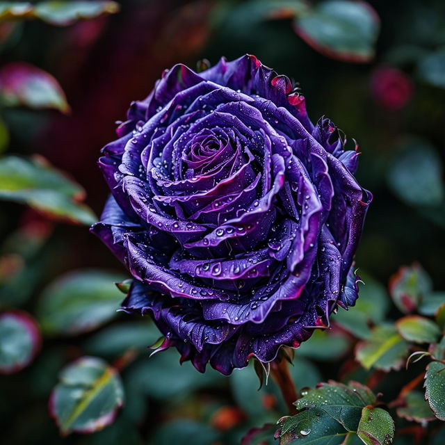 A vibrant purple rose in full bloom adorned with dew drops against a blurred natural backdrop.