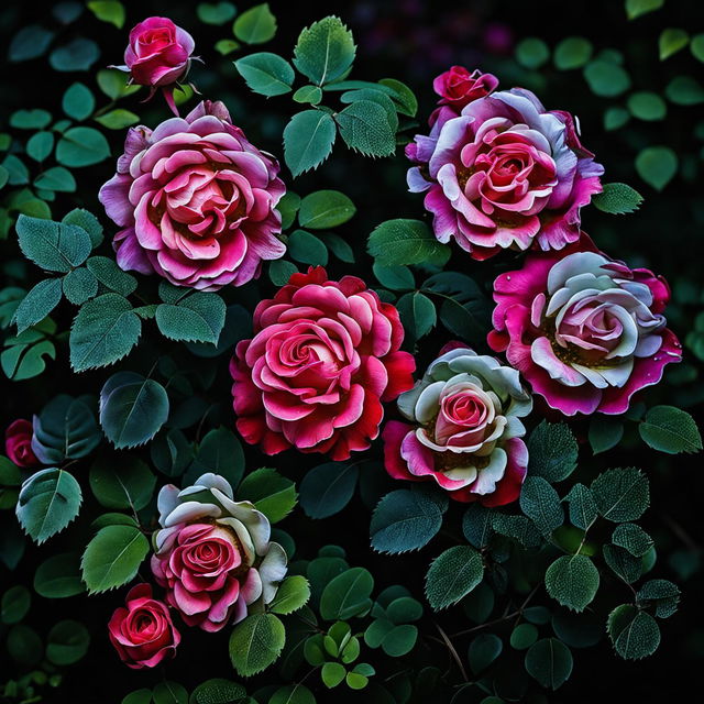 A nature photograph featuring a cluster of vibrant real roses in various stages of bloom, surrounded by lush green foliage under soft natural lighting.