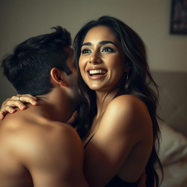 A sensual portrayal of a beautiful Latina woman experiencing the intense pleasure of her first sexual encounter, her expression reflecting a mix of ecstasy and surprise