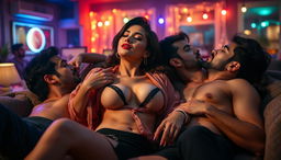 A sensual scene featuring a female figure inspired by Nushrat Bharucha, dressed in alluring lingerie