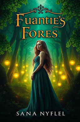 A captivating cover design for a novel featuring a mysterious woman in an elegant, flowing dress standing in front of an ancient, enchanted forest