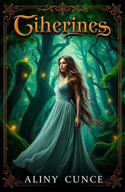 A captivating cover design for a novel featuring a mysterious woman in an elegant, flowing dress standing in front of an ancient, enchanted forest