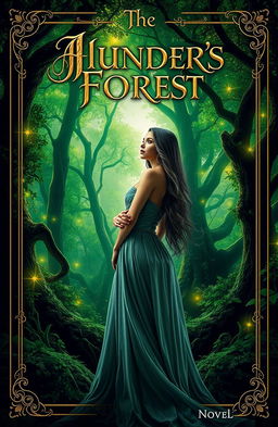 A captivating cover design for a novel featuring a mysterious woman in an elegant, flowing dress standing in front of an ancient, enchanted forest
