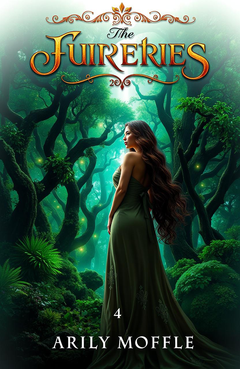 A captivating cover design for a novel featuring a mysterious woman in an elegant, flowing dress standing in front of an ancient, enchanted forest