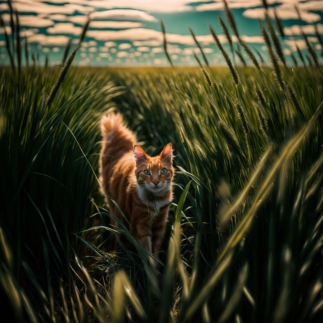 Long shot photograph of a ginger cat in a vast green field, captured with Sony Alpha a7 III in Aperture Priority Mode (f/4 to f/8), ISO 100 to 400.