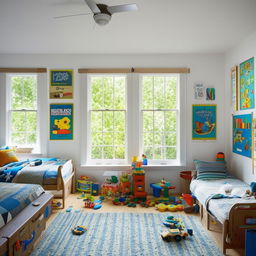 A cozy and vibrant boy's room with two large windows allowing sunlight to filter in, filled with toys, educational posters, and comfortable furniture.