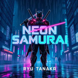 A striking book cover design for "Neon Samurai" by Ryu Tanaka, featuring a katana-wielding cyborg in a futuristic noir setting