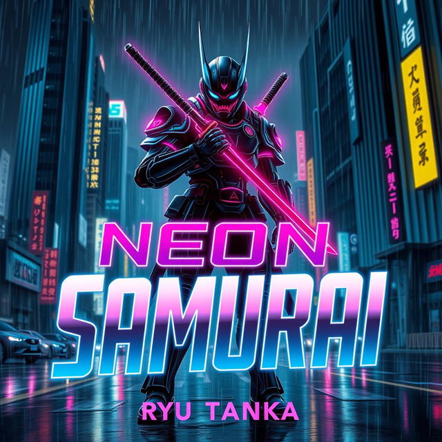 A striking book cover design for "Neon Samurai" by Ryu Tanaka, featuring a katana-wielding cyborg in a futuristic noir setting