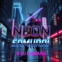 A striking book cover design for "Neon Samurai" by Ryu Tanaka, featuring a katana-wielding cyborg in a futuristic noir setting