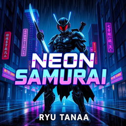 A striking book cover design for "Neon Samurai" by Ryu Tanaka, featuring a katana-wielding cyborg in a futuristic noir setting