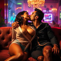 A sensual scene featuring a female figure inspired by Nushrat Bharucha, elegantly dressed in alluring lingerie