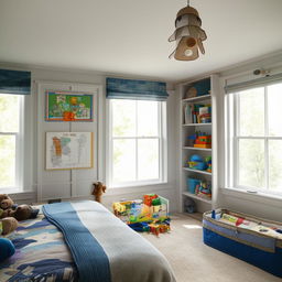 A cozy and vibrant boy's room with two large windows allowing sunlight to filter in, filled with toys, educational posters, and comfortable furniture.