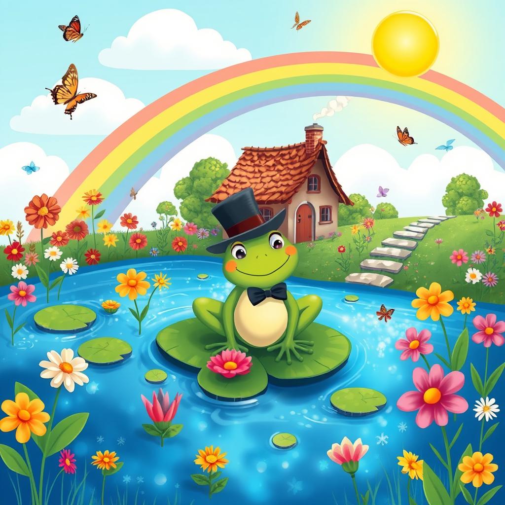 A whimsical scene inspired by a limerick: A jolly green frog wearing a tiny top hat and bow tie sitting on a lilypad in a sparkling blue pond, surrounded by bright colorful flowers in full bloom, with a rainbow arching across the sky, playful butterflies fluttering around, and the sun shining warmly overhead