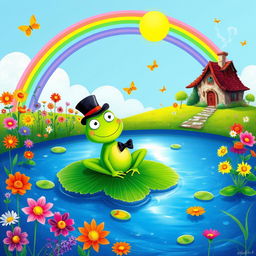 A whimsical scene inspired by a limerick: A jolly green frog wearing a tiny top hat and bow tie sitting on a lilypad in a sparkling blue pond, surrounded by bright colorful flowers in full bloom, with a rainbow arching across the sky, playful butterflies fluttering around, and the sun shining warmly overhead