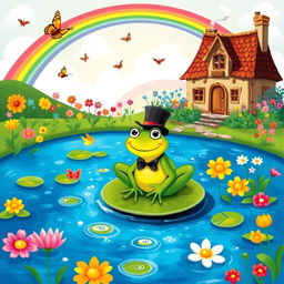 A whimsical scene inspired by a limerick: A jolly green frog wearing a tiny top hat and bow tie sitting on a lilypad in a sparkling blue pond, surrounded by bright colorful flowers in full bloom, with a rainbow arching across the sky, playful butterflies fluttering around, and the sun shining warmly overhead