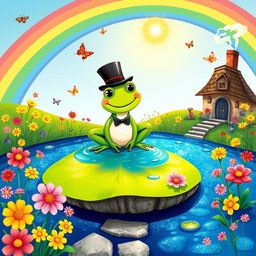 A whimsical scene inspired by a limerick: A jolly green frog wearing a tiny top hat and bow tie sitting on a lilypad in a sparkling blue pond, surrounded by bright colorful flowers in full bloom, with a rainbow arching across the sky, playful butterflies fluttering around, and the sun shining warmly overhead