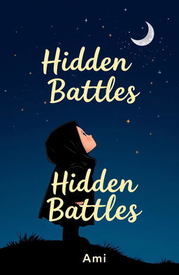 A captivating cartoon silhouette of a small girl wearing a hijab, gazing up at the sky filled with stars, embodying hope and resilience