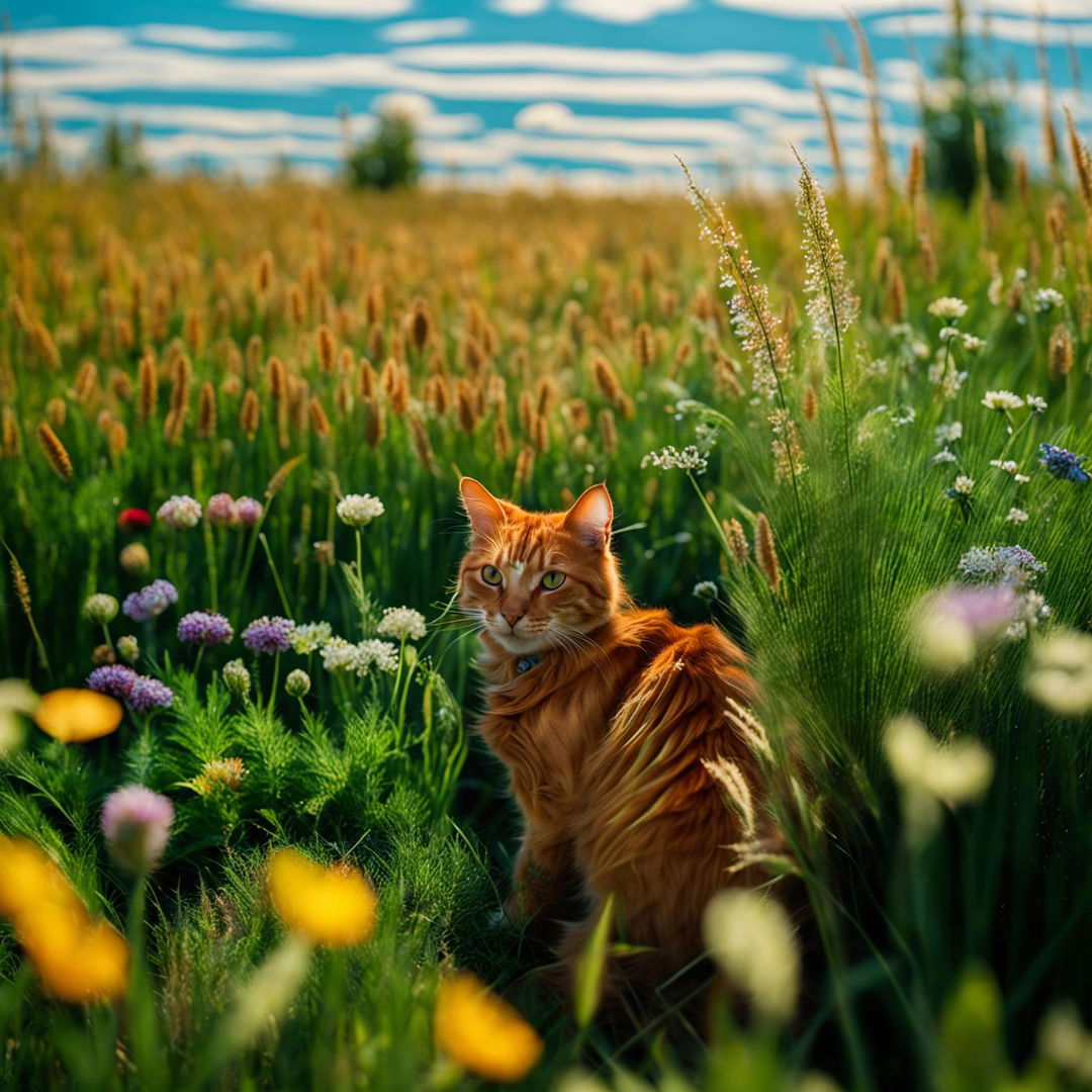 Long-shot photograph of a ginger cat in a field, shot with Nikon D850. f/8, ISO 100-400, AF-C.