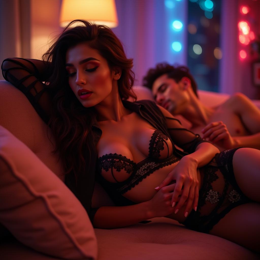 A sensual and intimate depiction of a female figure inspired by Nushrat Bharucha, showcased in exquisite lingerie