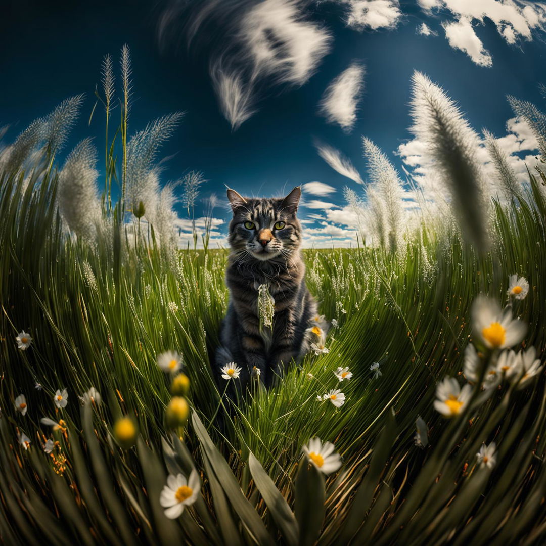 Ultra-wide shot of a cat in a field.