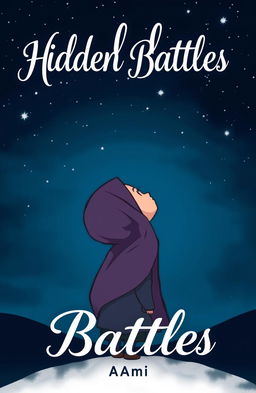 A beautifully designed cover for a Wattpad story titled "Hidden Battles" by Ami, featuring a cartoon silhouette of a small girl wearing a hijab, gazing up at the dark blue sky filled with stars
