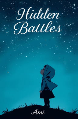 A beautifully designed cover for a Wattpad story titled "Hidden Battles" by Ami, featuring a cartoon silhouette of a small girl wearing a hijab, gazing up at the dark blue sky filled with stars