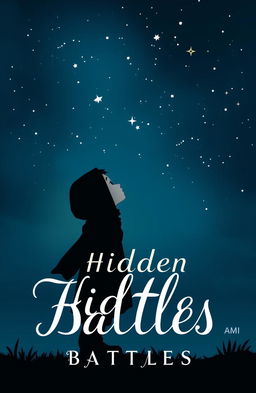 A beautifully designed cover for a Wattpad story titled "Hidden Battles" by Ami, featuring a cartoon silhouette of a small girl wearing a hijab, gazing up at the dark blue sky filled with stars