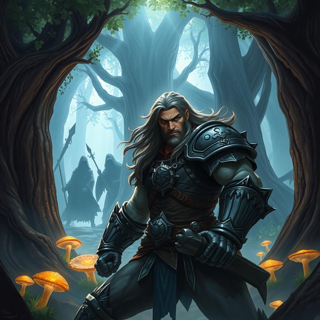 A dramatic fantasy scene depicting a heroic character named Fanodric being ambushed in a mystical forest