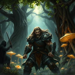A dramatic fantasy scene depicting a heroic character named Fanodric being ambushed in a mystical forest