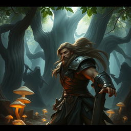A dramatic fantasy scene depicting a heroic character named Fanodric being ambushed in a mystical forest
