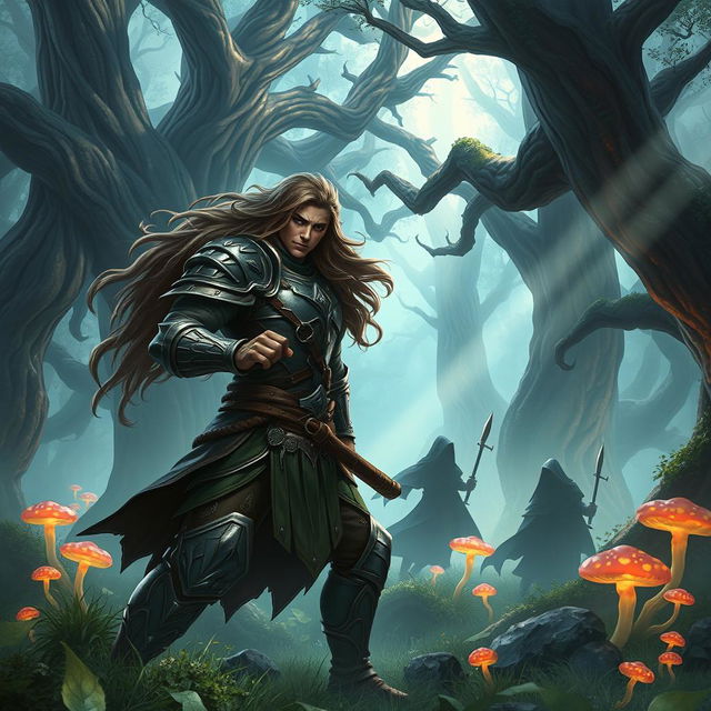 A dramatic fantasy scene depicting a heroic character known as AKA Fanodric being ambushed in a mystical forest