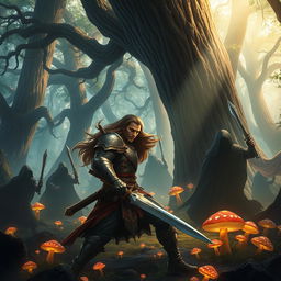 A dramatic fantasy scene depicting a heroic character known as AKA Fanodric being ambushed in a mystical forest