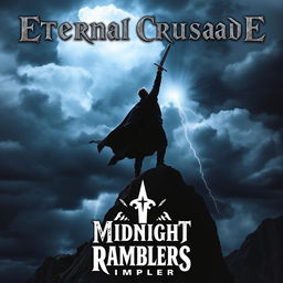 An epic album cover featuring a dark, stormy sky filled with ominous clouds and occasional flashes of lightning, establishing a sense of impending conflict