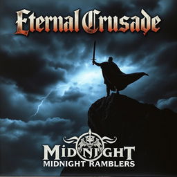 An epic album cover featuring a dark, stormy sky filled with ominous clouds and occasional flashes of lightning, establishing a sense of impending conflict