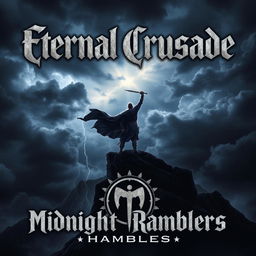 An epic album cover featuring a dark, stormy sky filled with ominous clouds and occasional flashes of lightning, establishing a sense of impending conflict