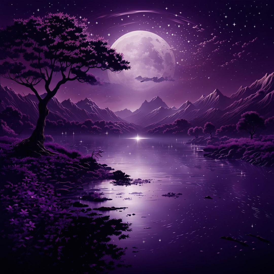 Digital art of a starry night under a midnight purple sky with a tranquil lake reflecting the moon and stars, a solitary willow tree on the shore, and distant mountain silhouettes.