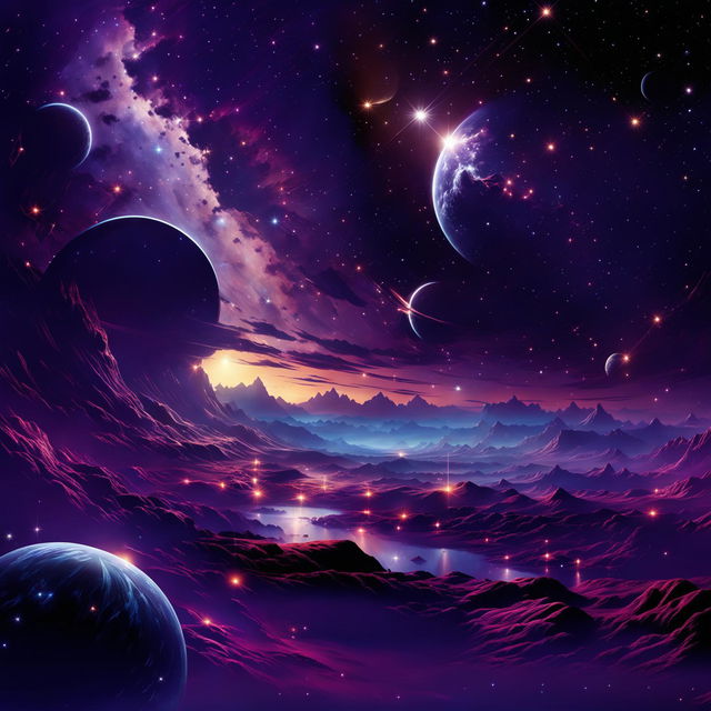 Cosmic digital art of a midnight purple space scene with twinkling stars, glowing nebulas, planets reflecting purple light, and comets streaking across the sky.