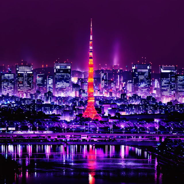 Digital art of Tokyo's vibrant cityscape under a midnight purple sky with neon lights, skyscrapers, Tokyo Tower, Sumida River, cherry blossoms, and Mount Fuji in the distance.