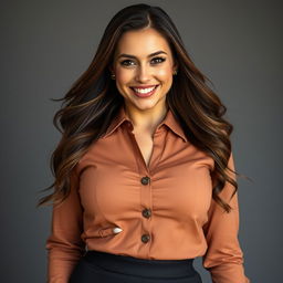 A 29-year-old female attorney, depicted as busty and attractive, with 34D breasts prominently featured in a tight blouse that has the top two buttons undone, causing the fabric to stretch