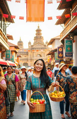 A beautiful scene depicting a vibrant street in Yogyakarta, Indonesia, filled with traditional Javanese architecture