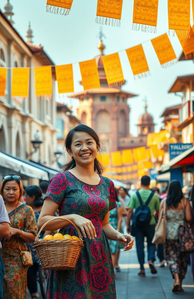 A beautiful scene depicting a vibrant street in Yogyakarta, Indonesia, filled with traditional Javanese architecture