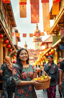 A beautiful scene depicting a vibrant street in Yogyakarta, Indonesia, filled with traditional Javanese architecture