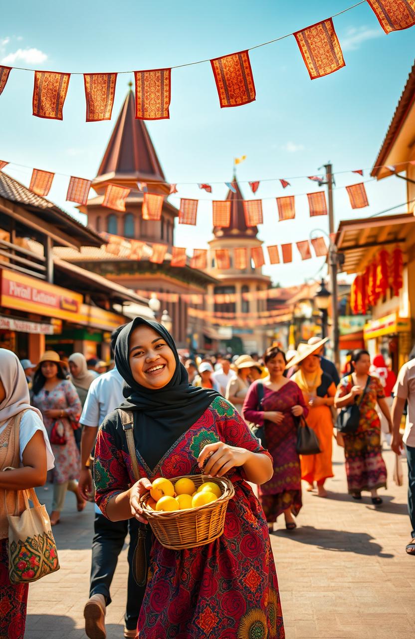 A beautiful scene depicting a vibrant street in Yogyakarta, Indonesia, filled with traditional Javanese architecture