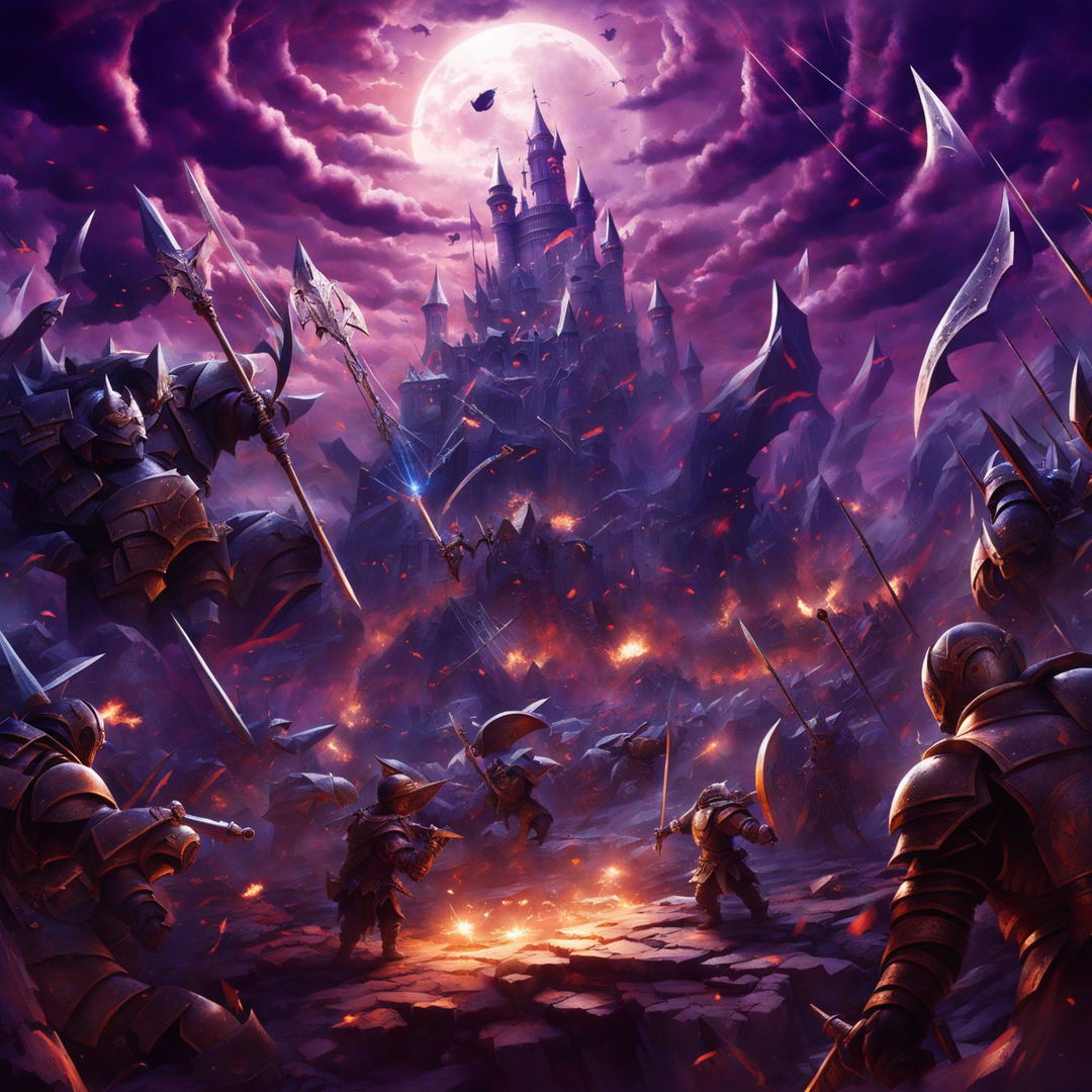 HD fantasy art of a midnight purple battleground with warriors in glowing armor, magical creatures, enchanted weapons, and a castle under siege in the background.