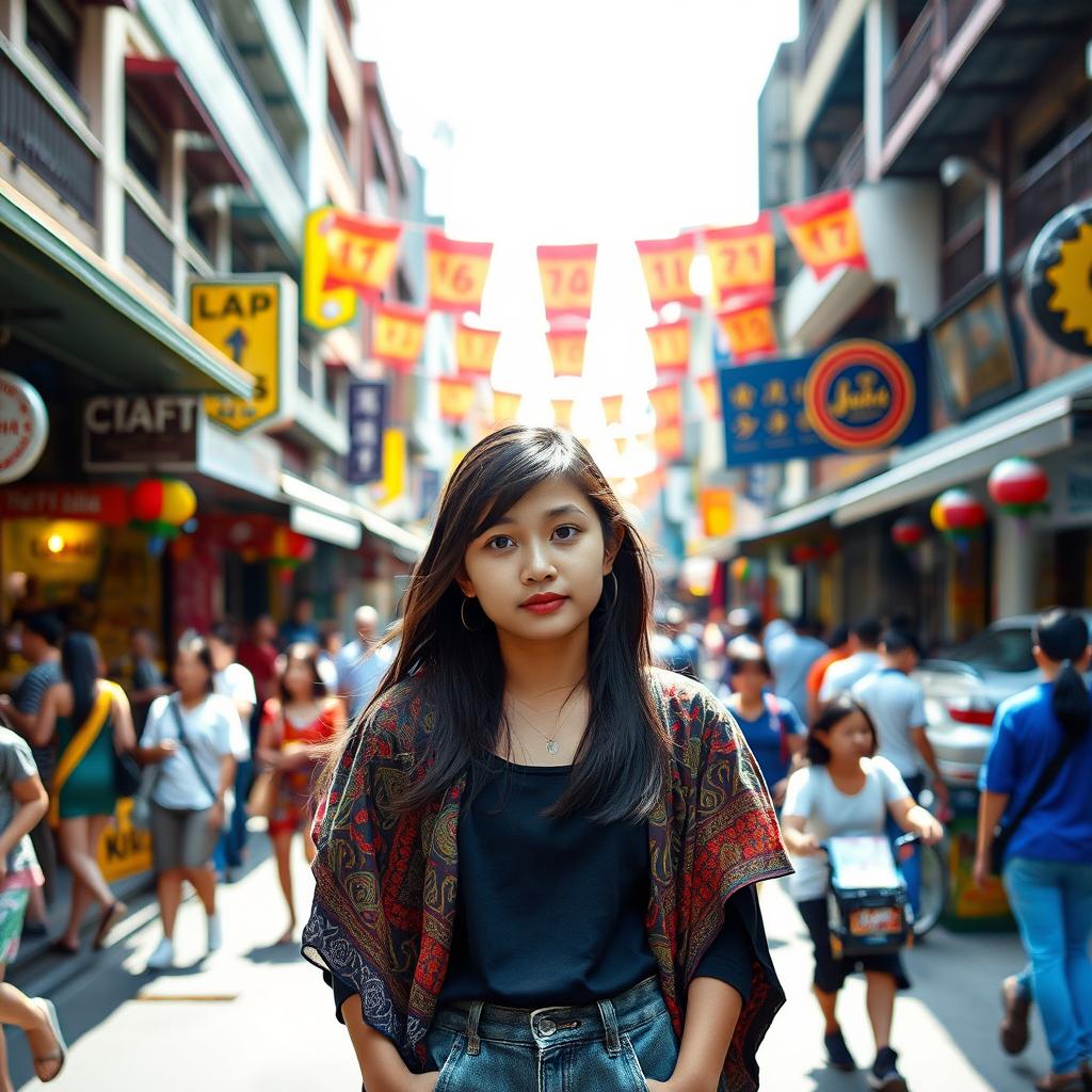 A teenage girl standing confidently, facing the bustling Malioboro street in Yogyakarta, Indonesia